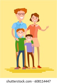 Flat style vector happy family. Mother, father and two sons