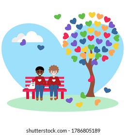 Vector plano de pareja gay sentado en un banco rojo bajo un árbol de corazón arco iris sobre el cielo azul de fondo cardíaco. Ilustración lindo concepto de caricatura para lgbt. El amor es amor.