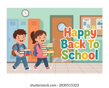 Flat style vector of happy school kids carrying heavy stacks of books along a hallway corridor. Perfect for back to school promotions, education, and banners