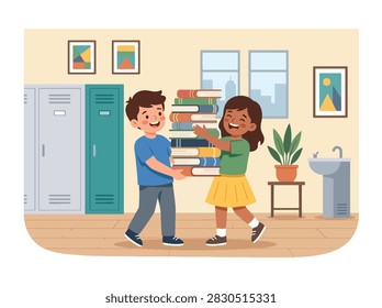 Flat style vector of happy school kids carrying heavy stacks of books along a hallway corridor. Perfect for back to school promotions, education, and banners
