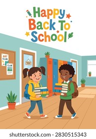 Flat style vector of happy school kids carrying heavy stacks of books along a hallway corridor. Perfect for back to school promotions, education, and banners