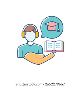 Um ícone de vetor de estilo plano que descreve o aprendizado on-line com o livro e o cap de formatura do aluno e do aluno