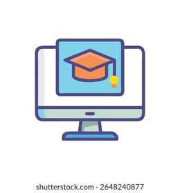 Flat style vector icon featuring a graduation cap on a computer monitor; online education concept.