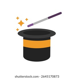 Ícone de vetor de estilo plano de chapéu e varinha de um mágico. Ótimo para projetos mágicos de Halloween ou conteúdo com tema de fantasia.