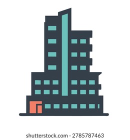 A flat style vector icon of a multi-story office or apartment building with teal windows and a prominent entrance