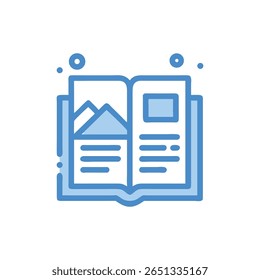 A flat style vector icon representing an open book. Inside, landscape picture and text layouts are displayed.