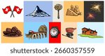 A flat style vector icon set depicting typical Swiss elements such as flags, Alps, chocolate, cheese, watches, trains, fondue, chalets and fireworks, perfect for Swiss National Day 2025 themed designs