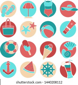 Flat style vector icon set. Set of colorful beach icons swimsuit, sea, hat, sunscreen, tan, cocktail, drink, glass, beach umbrella, slates, flip flops, beach bag, sun, ball, lifeline, sun, sand.