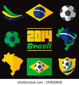 Flat style vector icon set - soccer, football Brazil on black