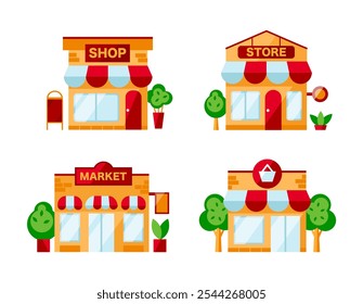 Flat Style Vector Icons of Small Retail Buildings, Market, Shop Exteriors with Trees for UX Designs, ad, branding, etc