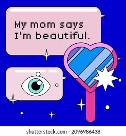 Flat style vector illustation of a heart-shaped mirror on blue background. Concept of Self-esteem and social media.