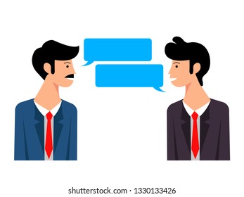 flat style vector illustration of 2 businessmen talk each other with dialogue speech bubbles. talking characters in formal clothes