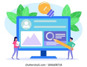 Flat style vector illustration. 2 people who are designing together. UX / UI design concept with text characters and placeholders.