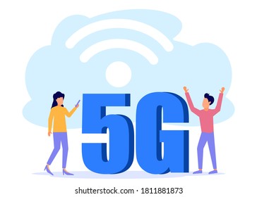 Flat style vector illustration, 5G network technology. internet signal. The people around the big 5G symbol use 5G high-speed wireless connections.
