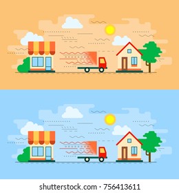 Flat style vector illustration. Abstract delivery truck speed shipping service scene.