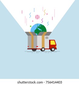 Flat style vector illustration. Abstract delivery truck with open box container and product item goods shop shipping.
