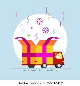 Flat style vector illustration. Abstract delivery truck with open gift box container, driver Santa and product item goods shop shipping.