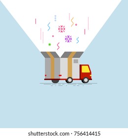 Flat style vector illustration. Abstract delivery truck with open box container and product item goods shop shipping.