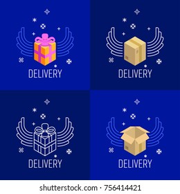 Flat style vector illustration. Abstract container and gift boxes, open and closed, with wings in night winter space. Delivery service concept.