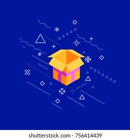Flat style vector illustration. Abstract open gift box. Holidays collection.