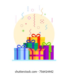 Flat style vector illustration. Abstract gift boxes composition. Holidays collection.