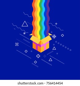 Flat style vector illustration. Abstract gift box with rainbow in winter space. Holidays collection.