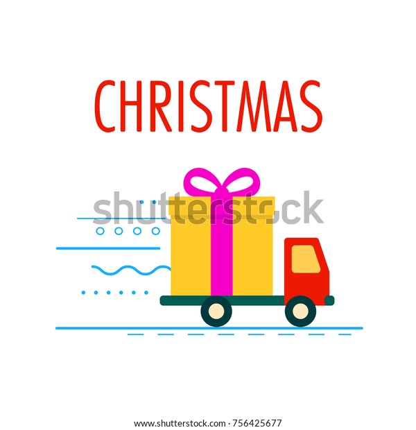 Flat style\
vector illustration. Abstract delivery truck with gift box\
container product item goods shop\
shipping.