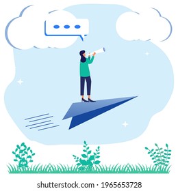 Flat style vector illustration of achievement business concept, businessperson standing on paper airplane, moving towards a goal.