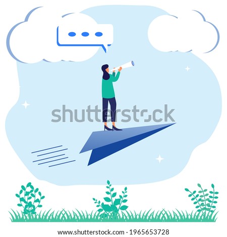 Flat style vector illustration of achievement business concept, businessperson standing on paper airplane, moving towards a goal.