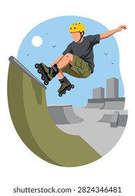 Flat style vector illustration of a aggressive inline skater jumping above a skate obstacle while performing an aerial trick. Perfect for extreme sports, youth lifestyle, recreation, fitness and action designs