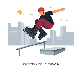 Flat style vector illustration of a aggressive inline skater jumping above a skate obstacle while performing an aerial trick. Perfect for extreme sports, youth lifestyle, recreation, fitness and action designs