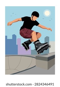 Flat style vector illustration of a aggressive inline skater jumping above a skate obstacle while performing an aerial trick. Perfect for extreme sports, youth lifestyle, recreation, fitness and action designs
