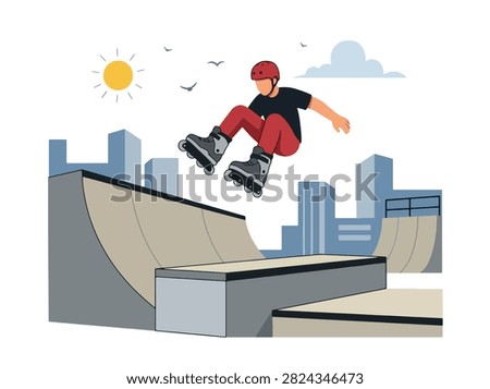 Flat style vector illustration of a aggressive inline skater jumping above a skate obstacle while performing an aerial trick. Perfect for extreme sports, youth lifestyle, recreation, fitness and action designs