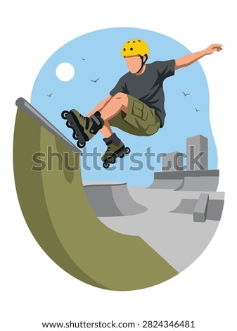 Flat style vector illustration of a aggressive inline skater jumping above a skate obstacle while performing an aerial trick. Perfect for extreme sports, youth lifestyle, recreation, fitness and action designs