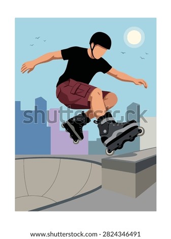 Flat style vector illustration of a aggressive inline skater jumping above a skate obstacle while performing an aerial trick. Perfect for extreme sports, youth lifestyle, recreation, fitness and action designs