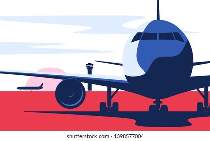 Flat style vector illustration of the airliner at the airport.