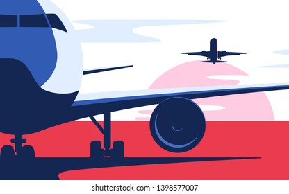 Flat style vector illustration of the airliner at the airport.