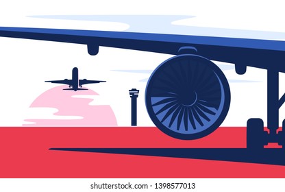 Flat style vector illustration of the airliner at the airport.