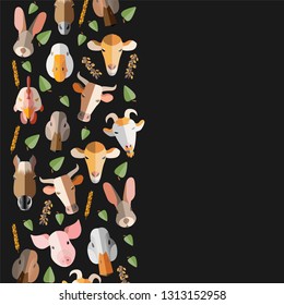 Flat style vector illustration art. Color pattern of animal heads, leaves and heads of grain on a black background with area for text.