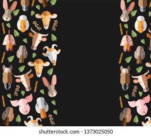 Flat style vector illustration art. Color pattern of animal heads, leaves and heads of grain on a black background with area for text.