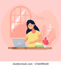 Flat style vector illustration. Back to Study. People studying online using computer.  Illustration in flat cartoon style, for website landing page, poster, pamphlet or any design