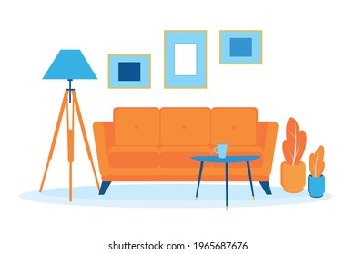 Flat style vector illustration for banner. Interior of the living room. Furniture: cozy sofa, lamp, table, plants, pictures. Home, house. Trende style.