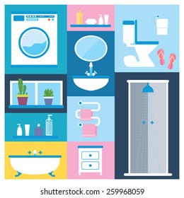 Flat style vector illustration. Bathroom furniture objects icons set with interior accessories for washing  isolated on colored background