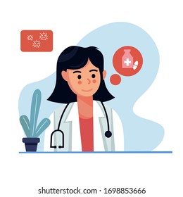 ilustración vectorial de estilo plano, hermoso médico prescribe medicina. para la página de inicio del sitio web, el afiche, el folleto o cualquier necesidad de diseño