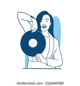 flat style vector illustration beautiful girl holding vinyl record 