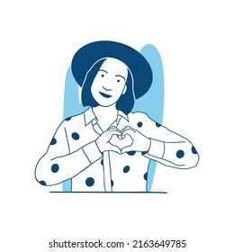 flat style vector illustration beautiful girl with hat and pose love sign