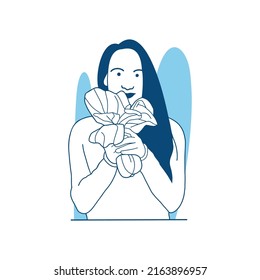 flat style vector illustration beautiful vegan girl holding vegetable Spinach