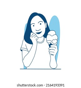 flat style vector illustration beautiful girl Woman eating fruit ice cream 