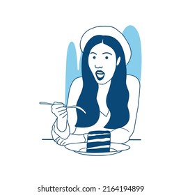 flat style vector illustration beautiful girl with hat eating chocolate cake and dessert
