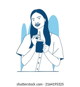 ilustración vectorial de estilo plano hermosa niña tomando jugo de naranja del vidrio